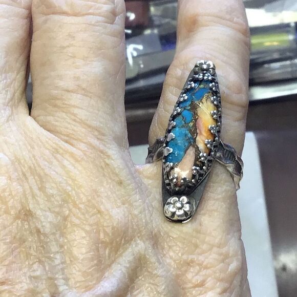 Ring, Statement Turquoise & Spiny Oyster Ring, Sterling Silver Ring, size 5, Han - Picture 7 of 8